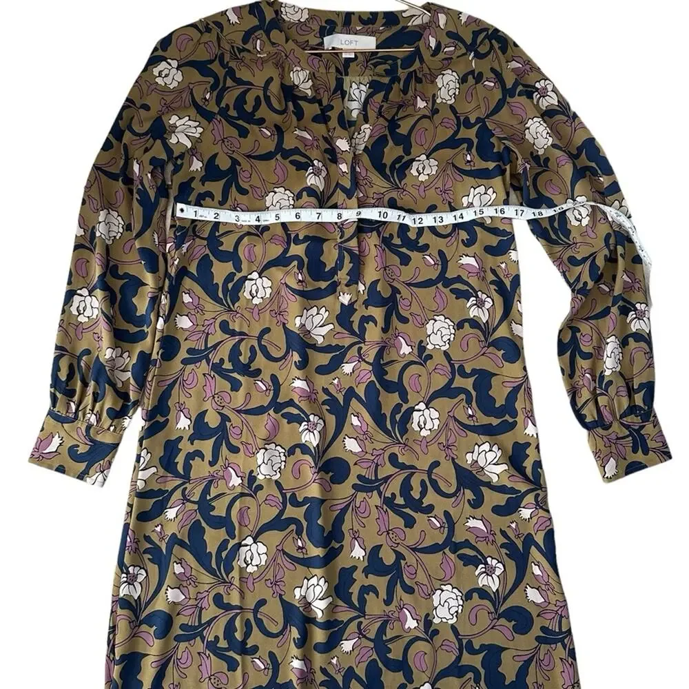 LOFT Floral Print Long Sleeve Olive Dress - Size XS - Picture 6 of 6